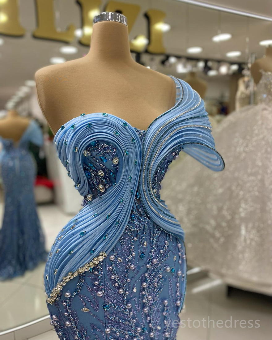 2024 Robes de bal plus taille pour les occasions spéciales robes formelles sirène une épaule en dentelle perle perles cristaux robes de fête d'anniversaire Robe de réception am680