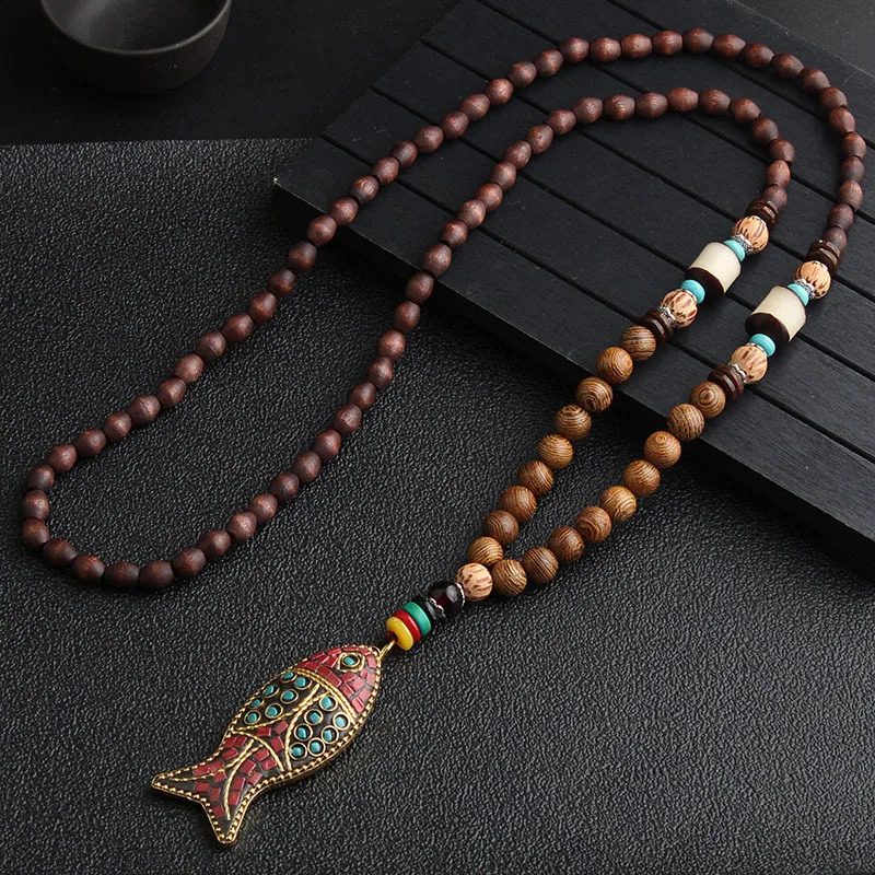 Unisex Handmade Necklace Nepal Buddhist Mala Wood Beads Pendant Ethnic Fish Horn Long Statement Men Womens Jewelry 240403