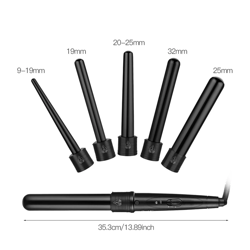 Strijkijzers 5 in 1 Haar kruller Professionele verwisselbare krullen ijzeren toverstok Set 5 vaten 9 mm/19 mm/32 mm Hair Curling Wand met handschoen 45