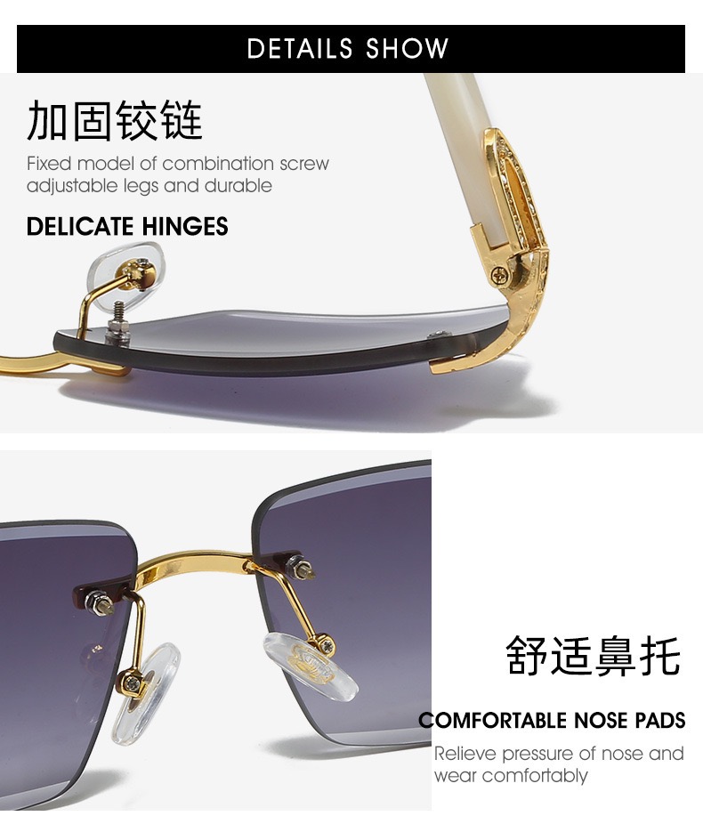 2024 Nya solglasögon Rimless Diamond Cut Edge Plate Legs PC -linser Fashion Ins netröda män och kvinnor med samma retro med lådor solglasögon grossist