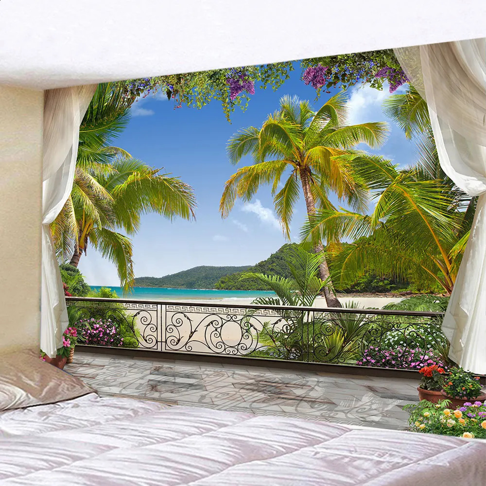 Nature Sea paysage tapisserie en bord de mer à noix de coco de noix de coco suspendue Art décoratif Ocean Beach Tapestry Home Decorc