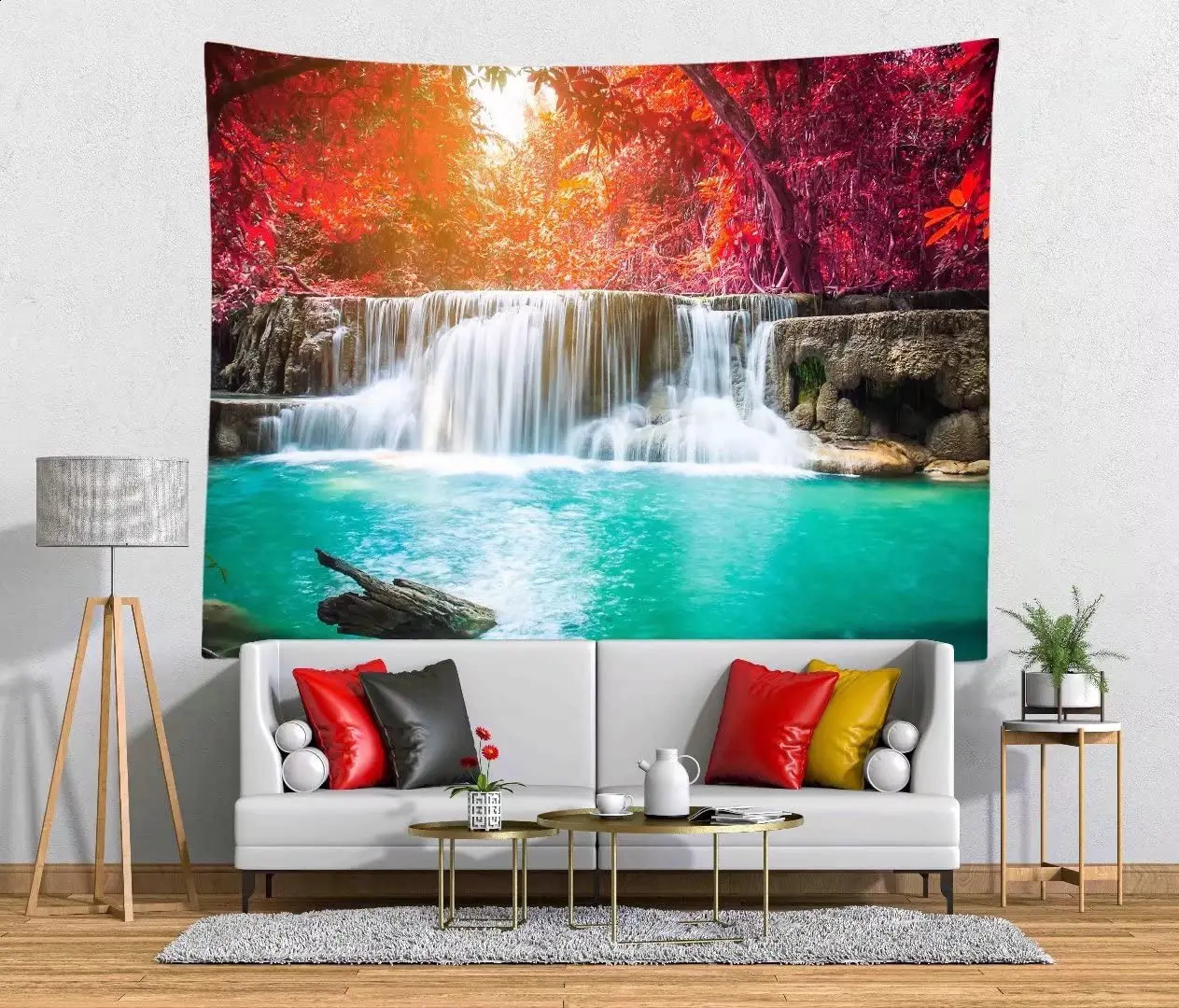 Waterfall Tapestrylong Way River dans des arbres tropicaux tropicaux et des arbres de forêt et des buissons décor suspendu pour le dortoir du salon de la chambre 240321