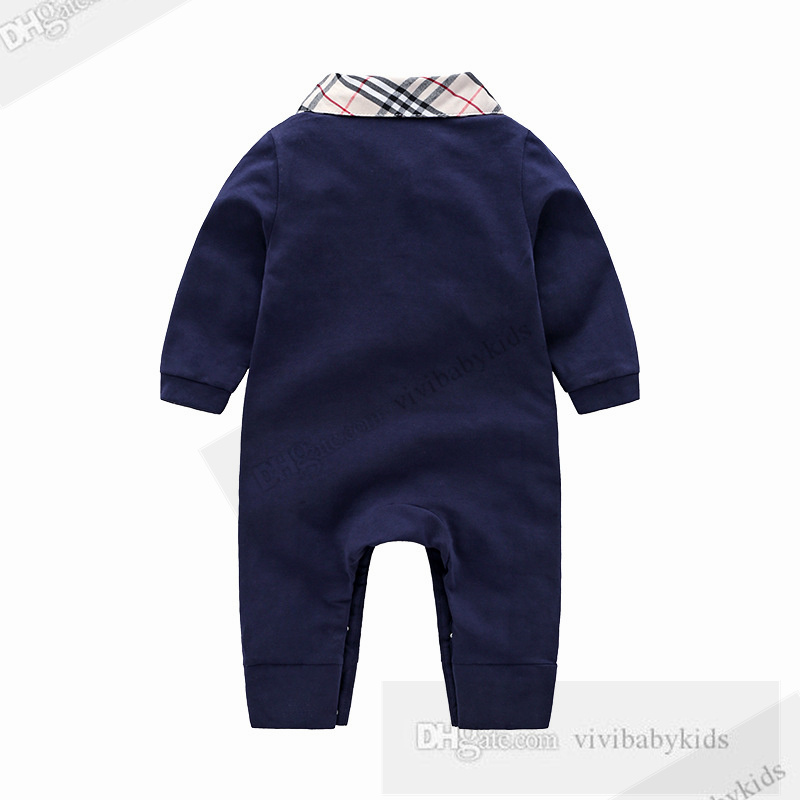 Vår spädbarn barngitter rompers nyfödda pojkar flickor lapel långärmad jumpsuits designer babykläder bomull mjuk z7536