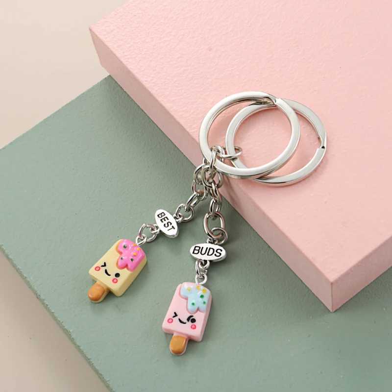 Keychains Lanyards  Lovely Best Buds Keychain Resin Key Ring Crab Peach Ice Cream Biscuit Chain BFF Friendship Gifts Handmade Jewelry Q240403