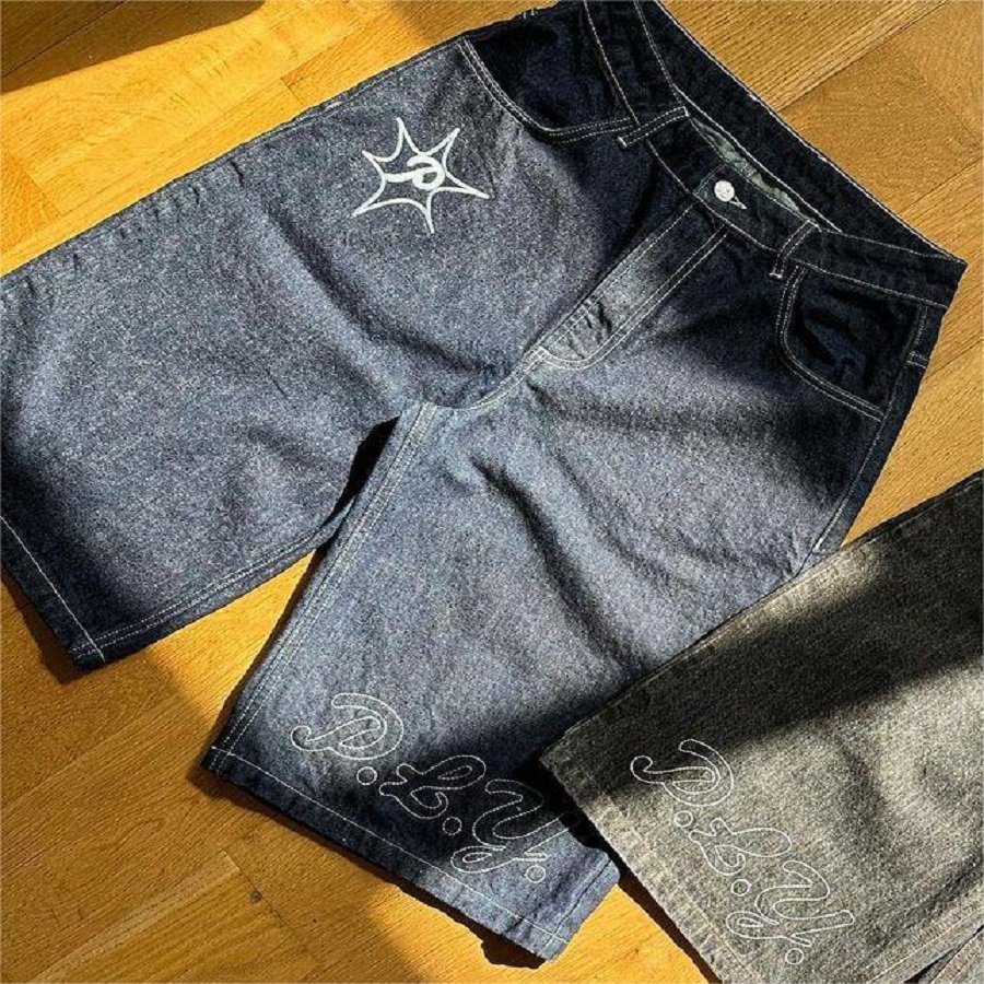 Men's design jeans shorts spring/summer new loose embroidery pattern cropped pants trend