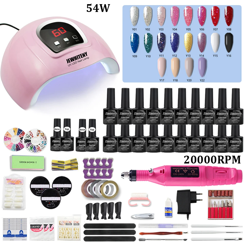 Klänningar 20 st polska nageluppsättning med nagelborrhine -kit och UV LED -lampmanikyrverktyg kit nagelkonstuppsättning