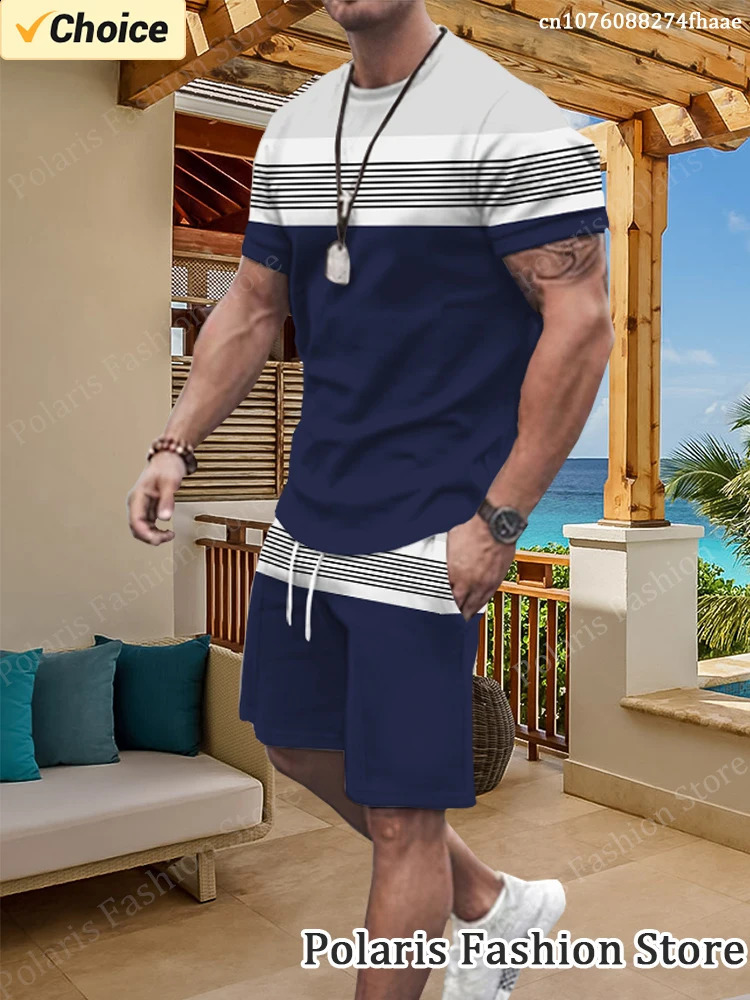 Summer Striped Tracksuit Blue T Shirt Men Beach Shorts Męski krótki rękaw sportowy 2 -częściowy 2 -części