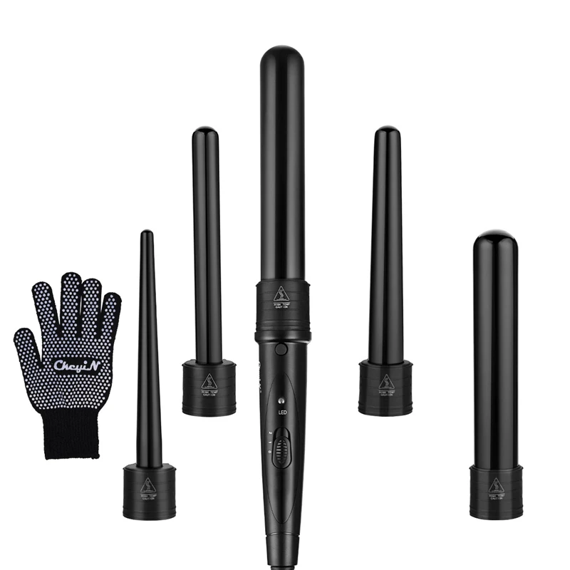 Strijkijzers 5 in 1 Haar kruller Professionele verwisselbare krullen ijzeren toverstok Set 5 vaten 9 mm/19 mm/32 mm Hair Curling Wand met handschoen 45