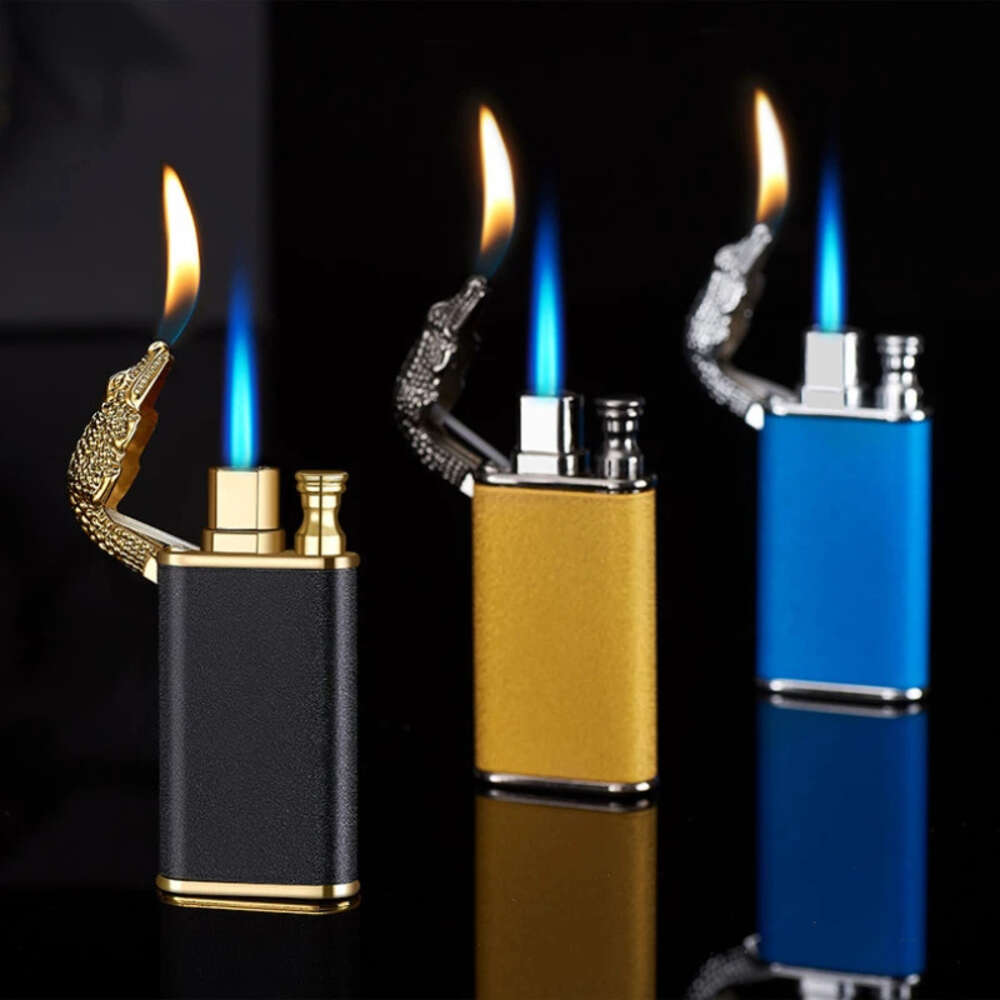 Unusual Blue Flame Metal Crocodile Double Fire Dragon Lighter Creative Direct Windproof Open Fire Conversion Lighter Man's Gift