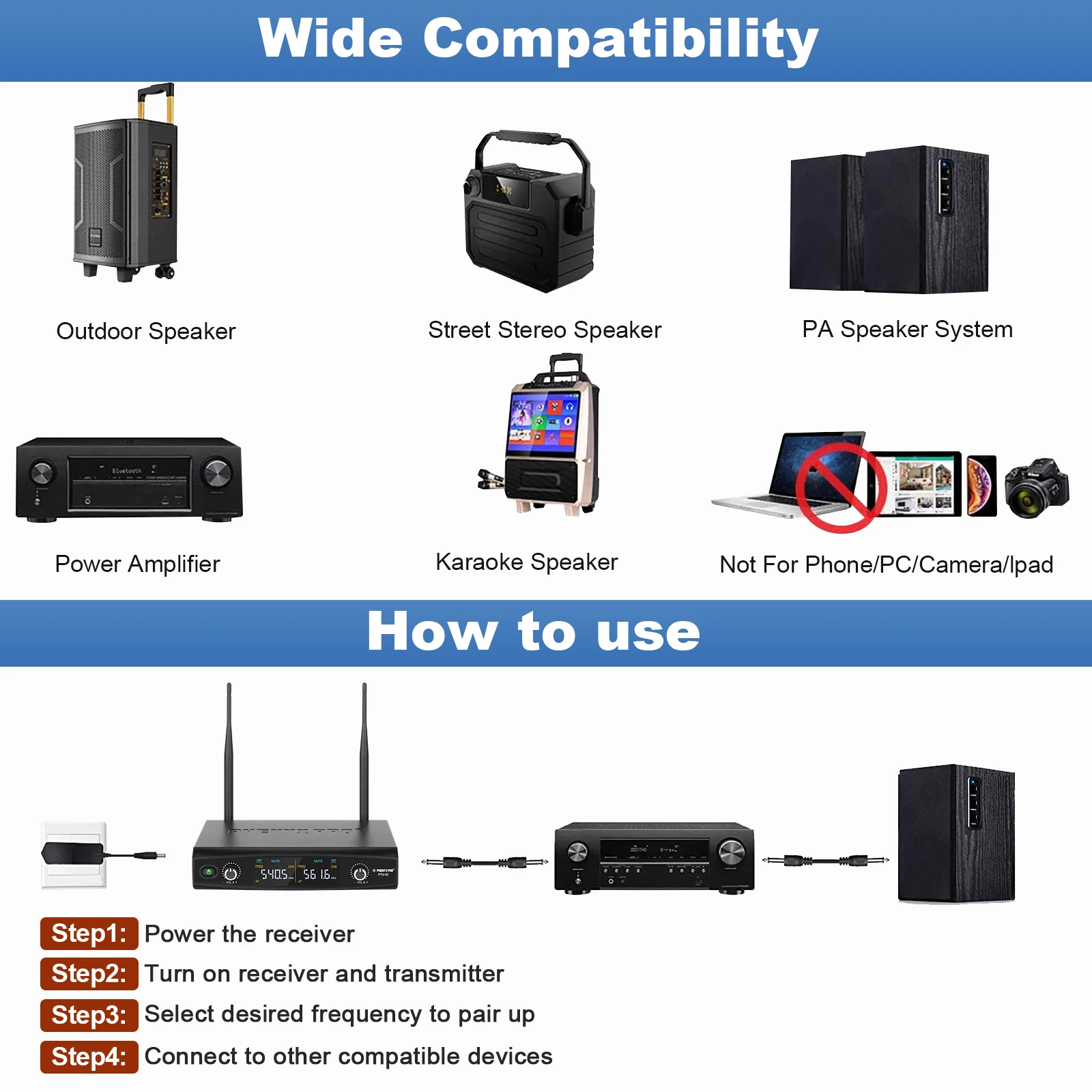 Mikrofone Phenyx Pro UHF Professionelle Dual Wireless Microfon Stage Performance Karaoke Home System 230ft/70m 30Frequenzen PTU52