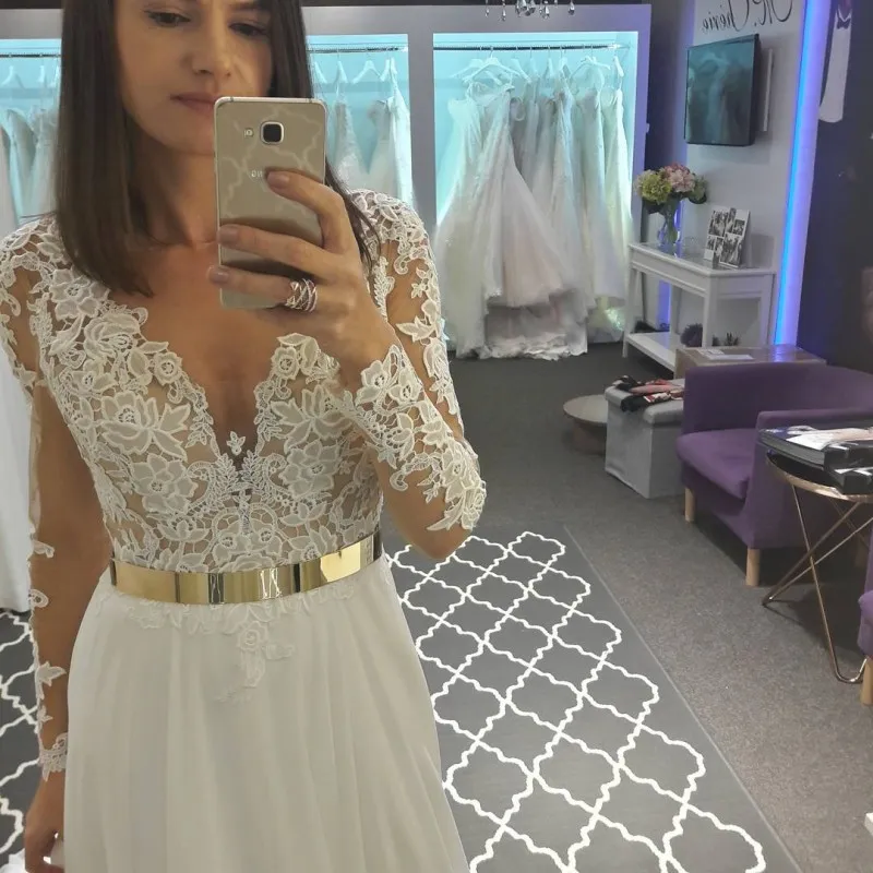 Cheap Lace Applique Wedding Dresses Illusion Wedding Gowns Plus Size Sweep Train Bridal Dress With Sash
