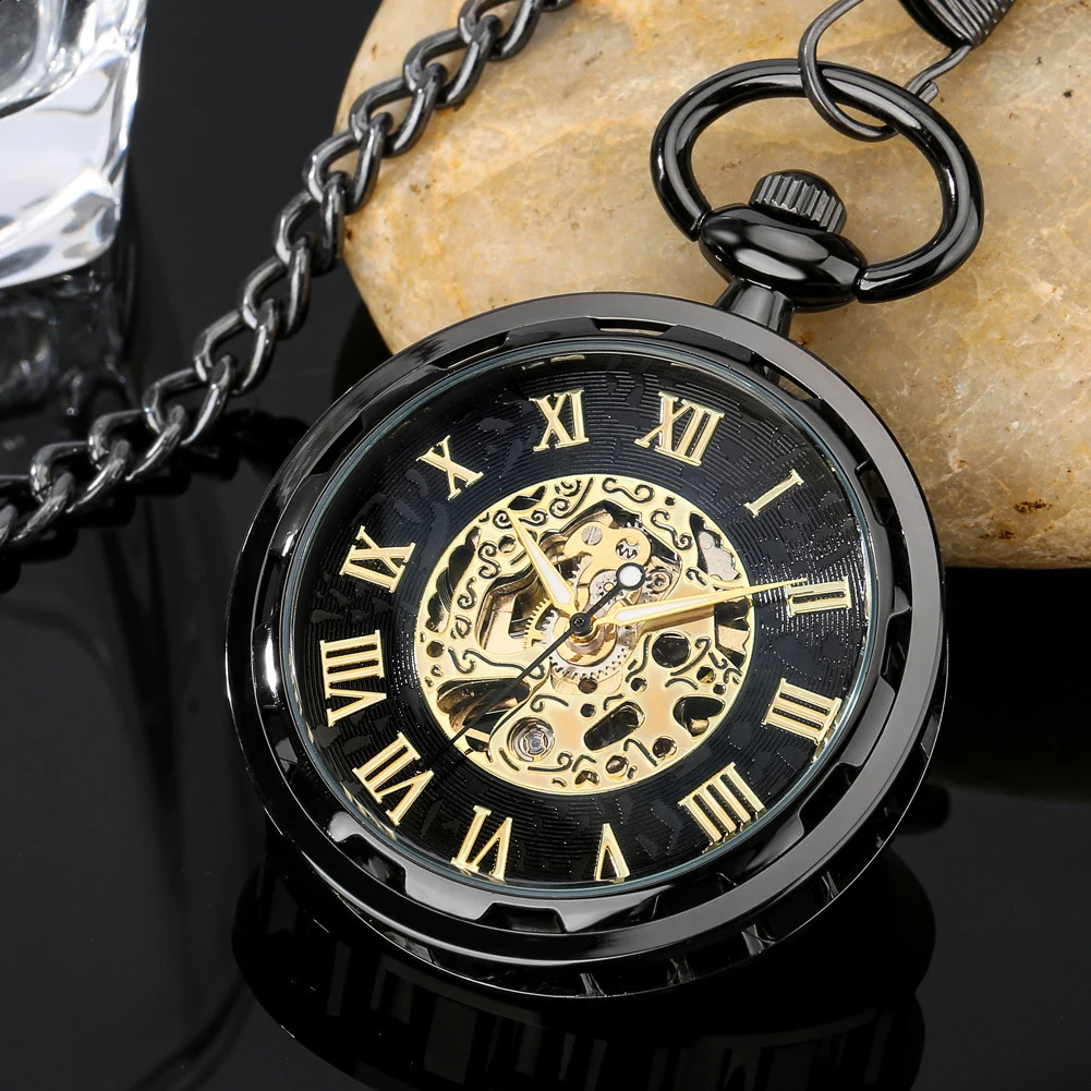 Open Face Romeinse cijfers Toon mechanische handwikkeling Pocket Watch Elegant mode Antiek handmatig klokcadeau voor mannelijk 240327