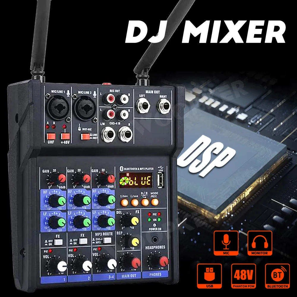 Player Audio DJ Mixer 4 Channels Console with Wireless Microphone Sound Mixing Bluetooth Karaoke Recording Studio Black Color