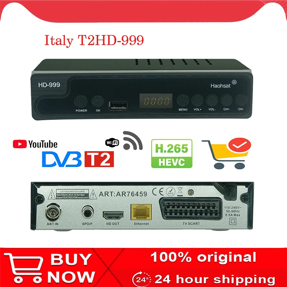 Box Haohsat DVB T2HD 999 HEVC Digital Terrestrial Decoder DVB T2 TV HD Tuner H.265 WIFI Set Top Box DVB C T2 Italy Russia TV Box