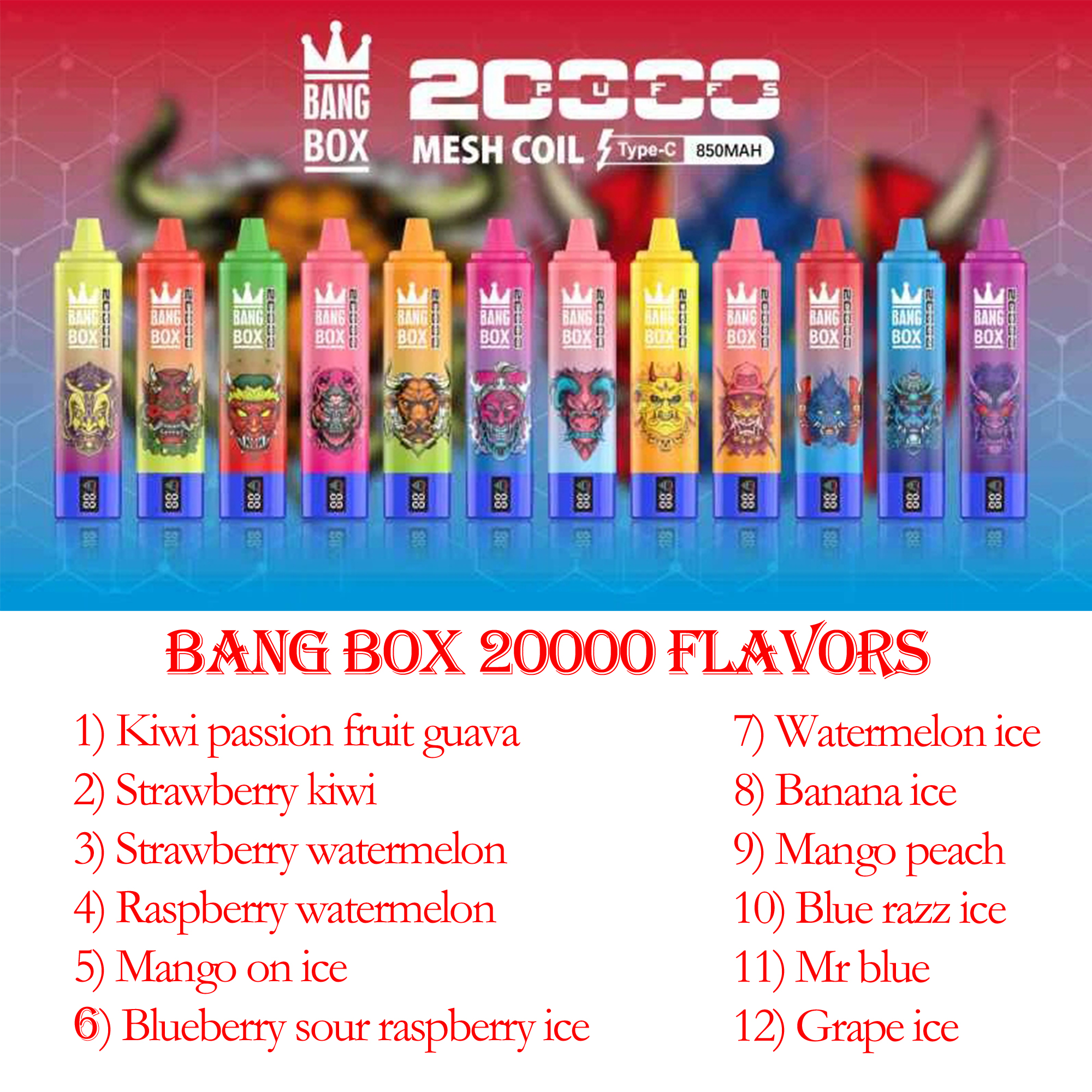 Bang box 20000 puff Disposable E Cigarettes 1.0ohm Mesh Coil 35ml Pod Battery Rechargeable Electronic Cigs Puff 20K 0% 2% 3% 5% Vape Pen Kit Customizable