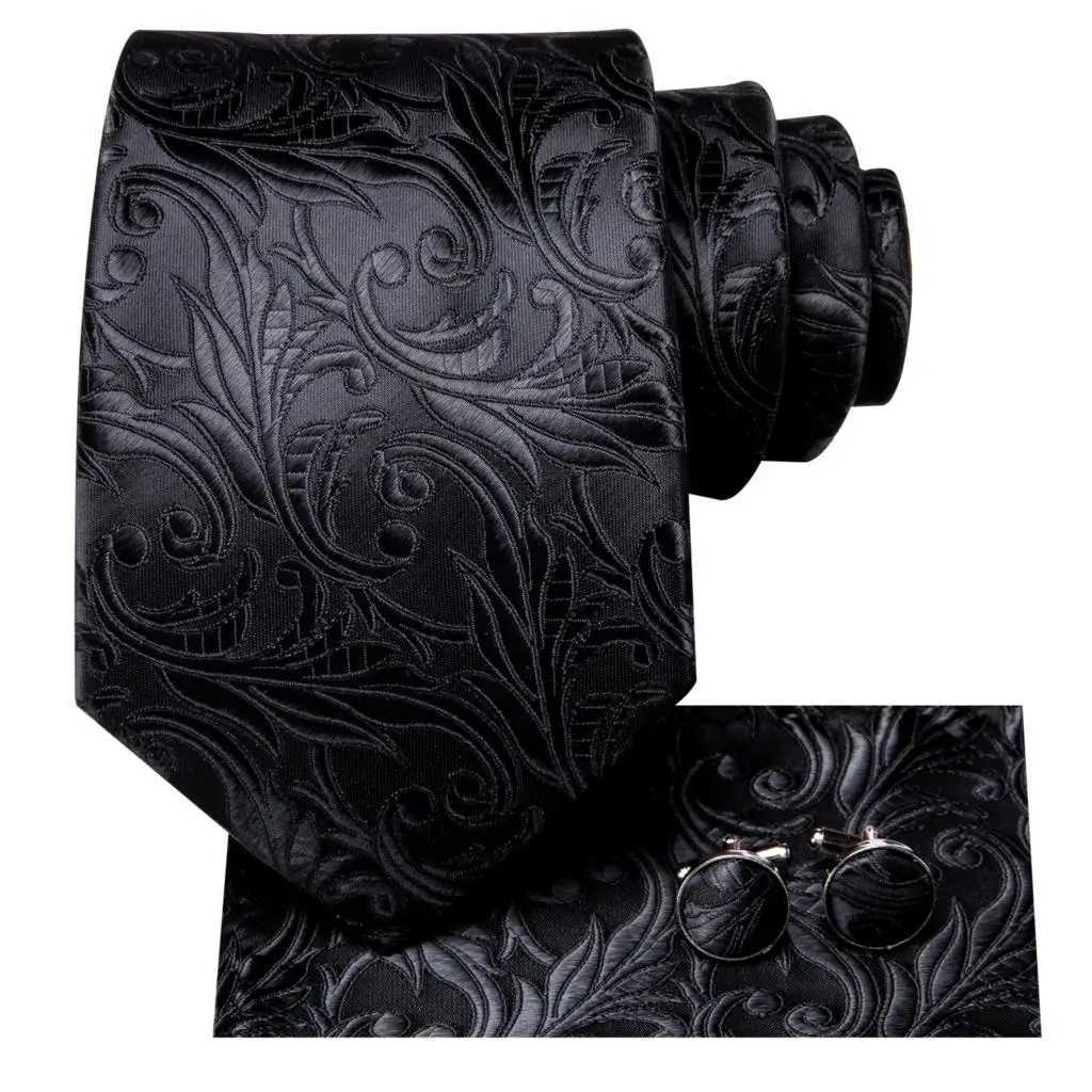 Neckband Hi-Tie Black Floral Silk Wedding Tie för män Handky manschettkroppsgåva slips för män modedesign affärsfest droppar 240407