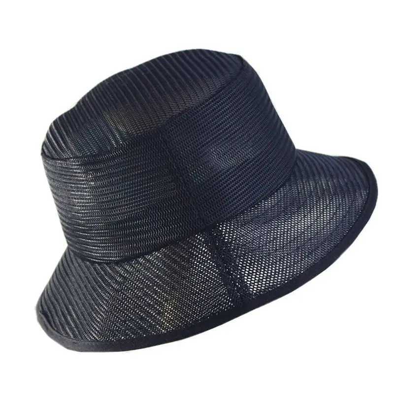 Wide Brim Hats Bucket Large mesh fisherman hat mens wide solid color cool and breathable Panama sunset summer fighting Q240403