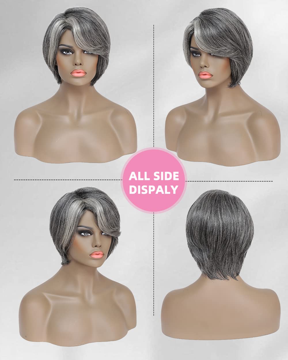 Gray Bob Lace front Wigs With Layered Swoop Bang ,raw virgin human Salt And Pepper Grey Wig for Women, Pixie Cut Glueless pixie cuts gray closure frontal Wig 4x4" 14day