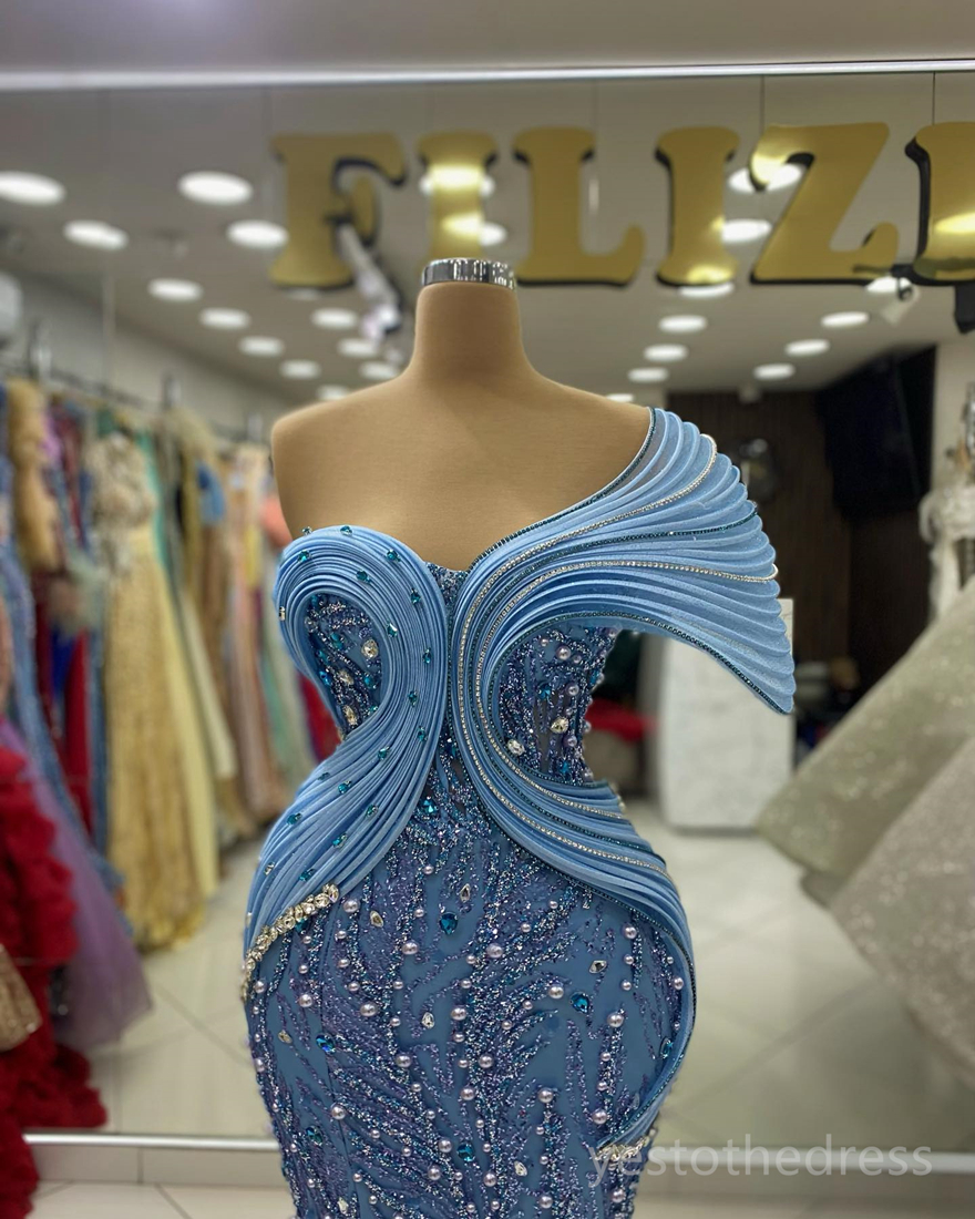 2024 Robes de bal plus taille pour les occasions spéciales robes formelles sirène une épaule en dentelle perle perles cristaux robes de fête d'anniversaire Robe de réception am680