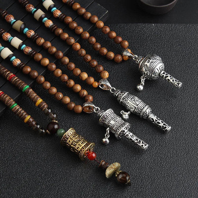 Unisex Handmade Necklace Nepal Buddhist Mala Wood Beads Pendant Ethnic Fish Horn Long Statement Men Womens Jewelry 240403