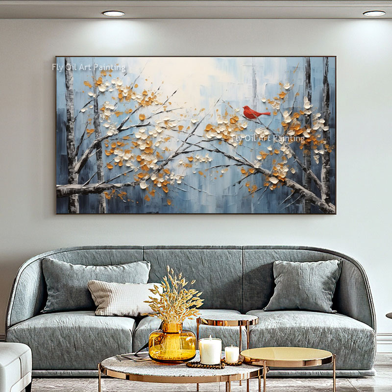 Abstract Blossom Tree Tree Oil Painting on Canvas feita artesanal de parede de parede flores árvores Arte Bird Pintura Decoração de inverno Decoração de sala de estar personalizada