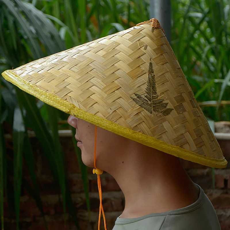 Wide Brim Hats Bucket of Chinese vintage bamboo rattan fisherman hat handcrafted woven straw bucket tourist rain boots conical fishing sun Q240403