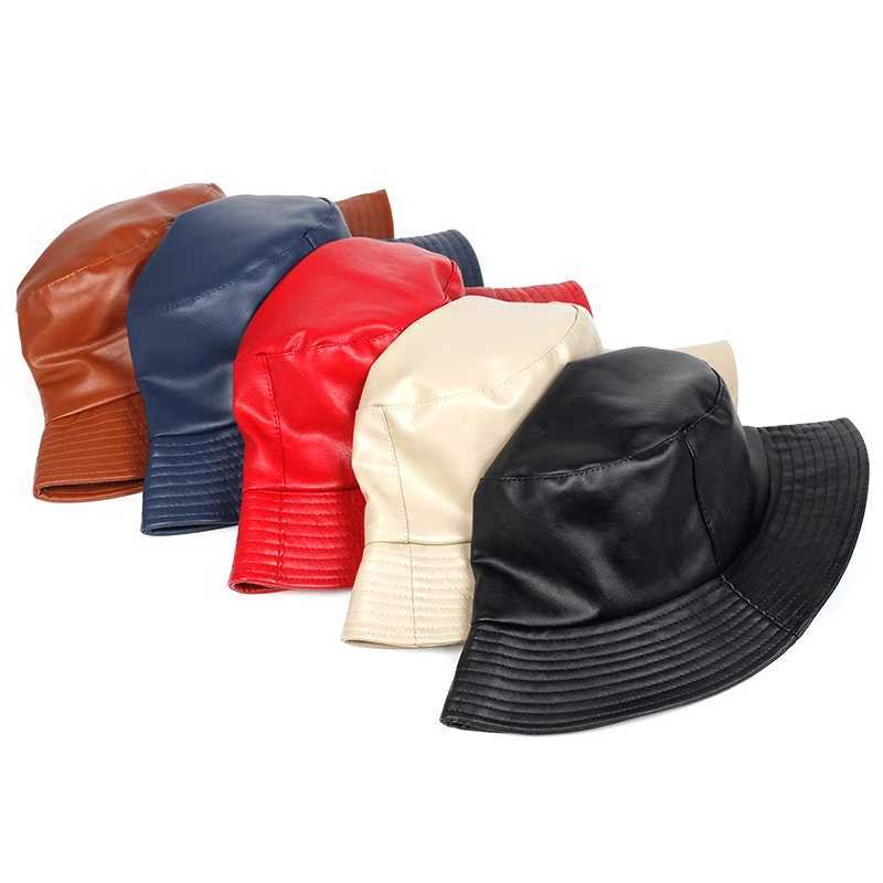 Breites Krempeln Hats Bucket 2023 Neuer Fischerhut künstliche Leder PU Solid Color Herren und Damen Mode Panama Q240403