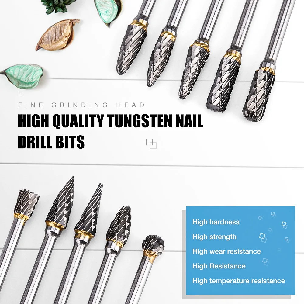 Moulures Tungstten Carbide Nail Drill Bit Set Electric Manucure Drill Kit pour fraisage Cutter Nail Burr Art Equipment Accessoire