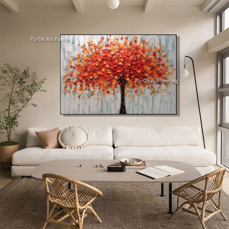 Grote rode verlof Tree Oil Painting Abstract Red Tree Decoratief schilderij Woonkamer Canvas schilderen Natuurlijk Home Decor Handgemaakt schilderij