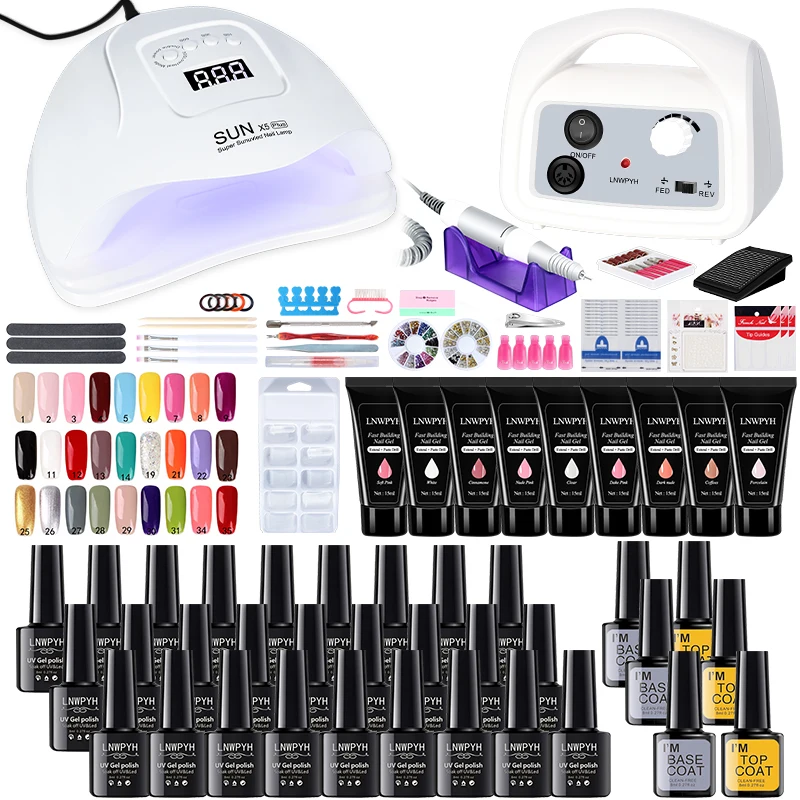 Vapen nageluppsättning manikyruppsättning 54W UV LED -lampa 35000 rpm nagelborrhine och nagelförlängningar Snabbbyggnad gel nagelkonstpaket nagelpaket