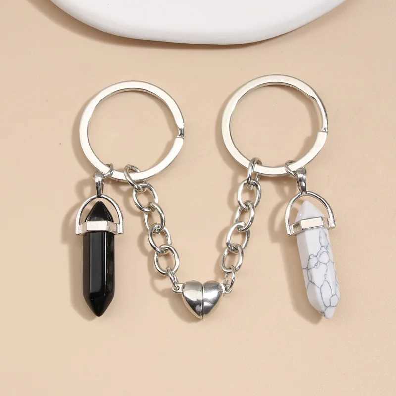 Keychains Lanyards New Keychain Crystal Quartz Stone Key Ring Heart Magnetic Button Chains For Couple Friend Gifts DIY Handmade Jewelry Q240403