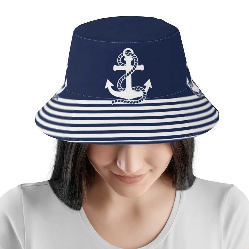 Breda randen hattar hink marinblå vit ankare fiskare hatt kvinnor segelbåt hösten slåss reser sol direkt frakt Q240403