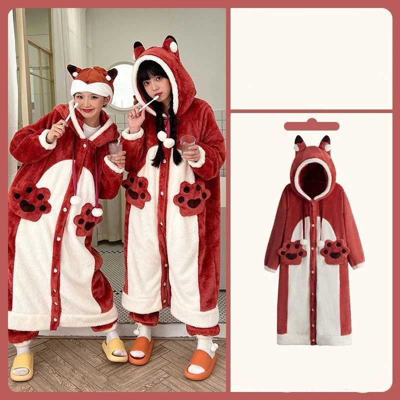 Hemkläder Plush Pyjamas Womens Pyjamas Winter Warm Casual Hooded Pyjamas Söt Anime Fox Rollspel Set Flanell Pajamasl2403