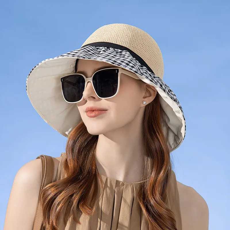 Chapéus de aba larga chapéu de balde da moda com cabelos adequados para mulheres Proteção solar destacável Onda longa loira peruca primavera e verão q240403