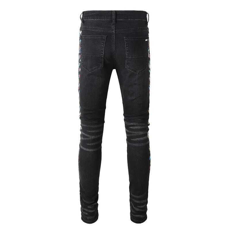 Heren jeans heren geschilderd elastische denim jeans straatkleding strakke tape potloodbroek zwarte gaten verontrust