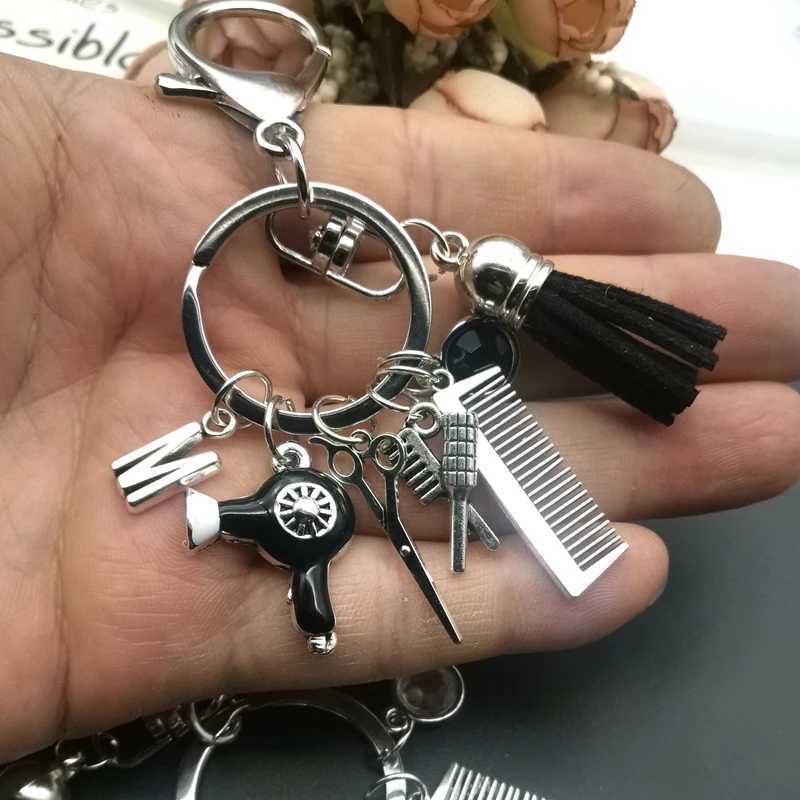 Keychains Lanyards A-Z Hairstyle Gift Charm Tassel Keychain Retro Jewelry Mini Hairdressing Scissors Hair Dryer Comb Q240403