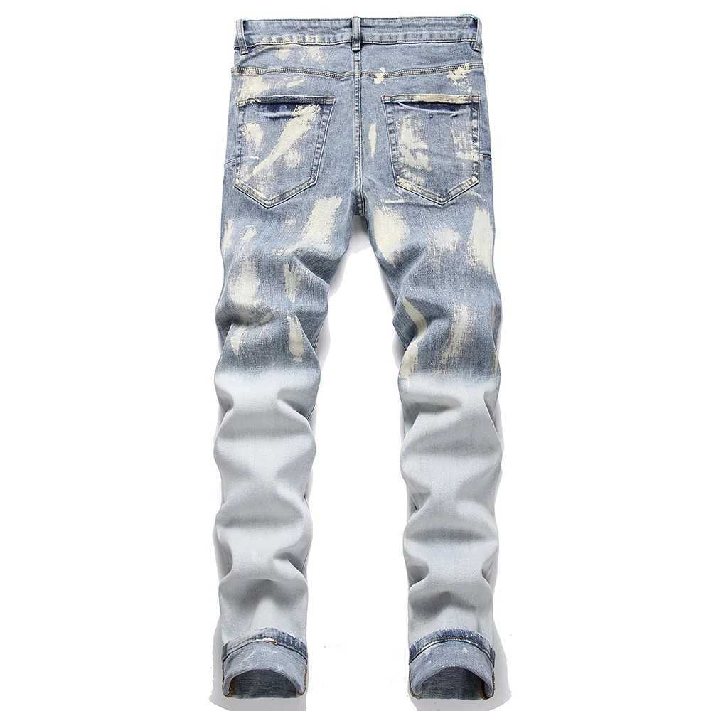 Men's Jeans Mens button fly stretch denim jeans street clothing laundry light blue pants tight tapered TrousersL2403