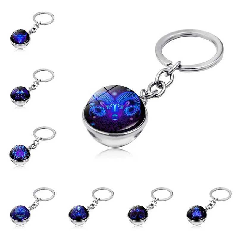 Keychains Lanyards Zodiac Sign Keychain 12 Constellation Leo Virgo Libra Scorpio Skytten Double Side Glass Ball Keyring Birthday K2419 Q240403