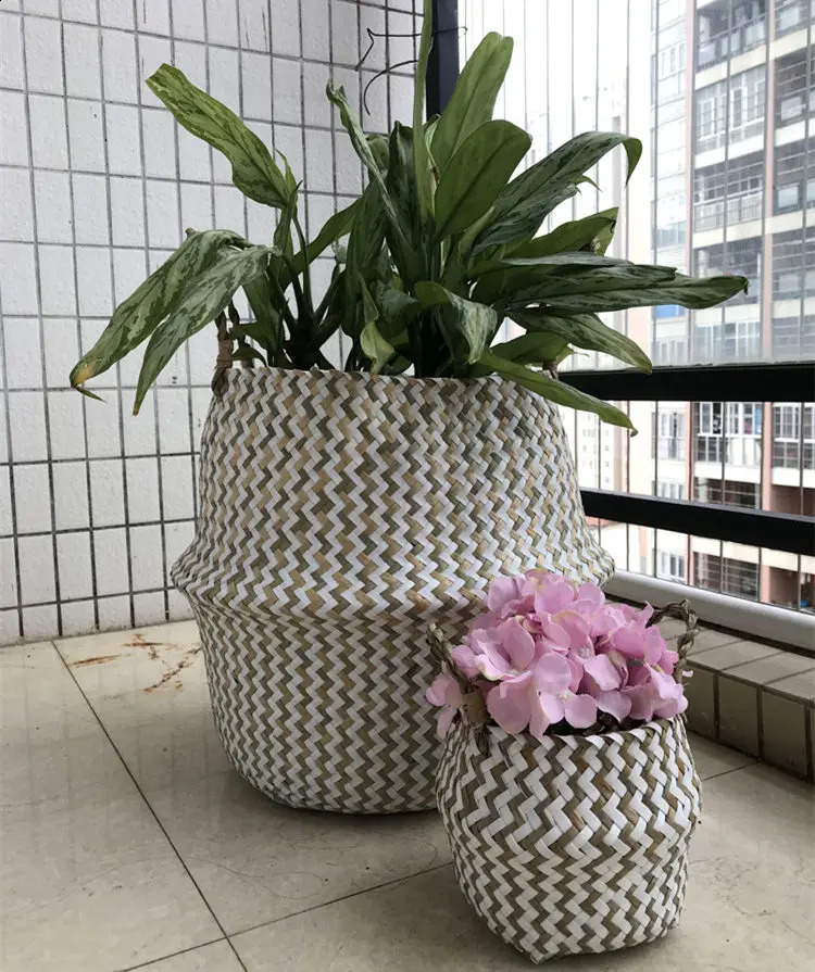 Foldable Handmade Seagrass Flower Pot Storage Wicker Basket Rattan Straw Home Garden Wave Pattern Planter pots Laundry 240325