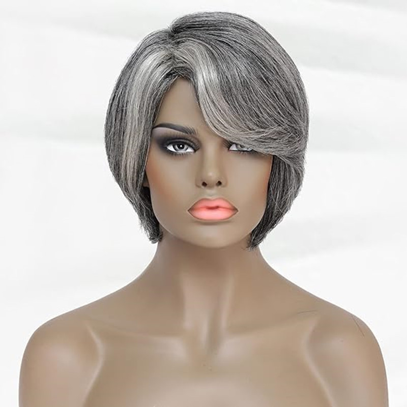 Gray Bob Lace front Wigs With Layered Swoop Bang ,raw virgin human Salt And Pepper Grey Wig for Women, Pixie Cut Glueless pixie cuts gray closure frontal Wig 4x4" 14day