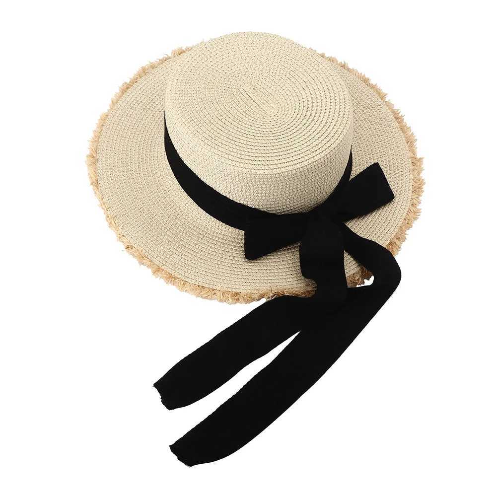 Cappelli larghi cappelli da secchio di cappelli da sole estate protezione da sole grande cappello di paglia da donna lungo cofano a nastro bianco nero cofano da sole a bordo donna accessori spiaggia 240407