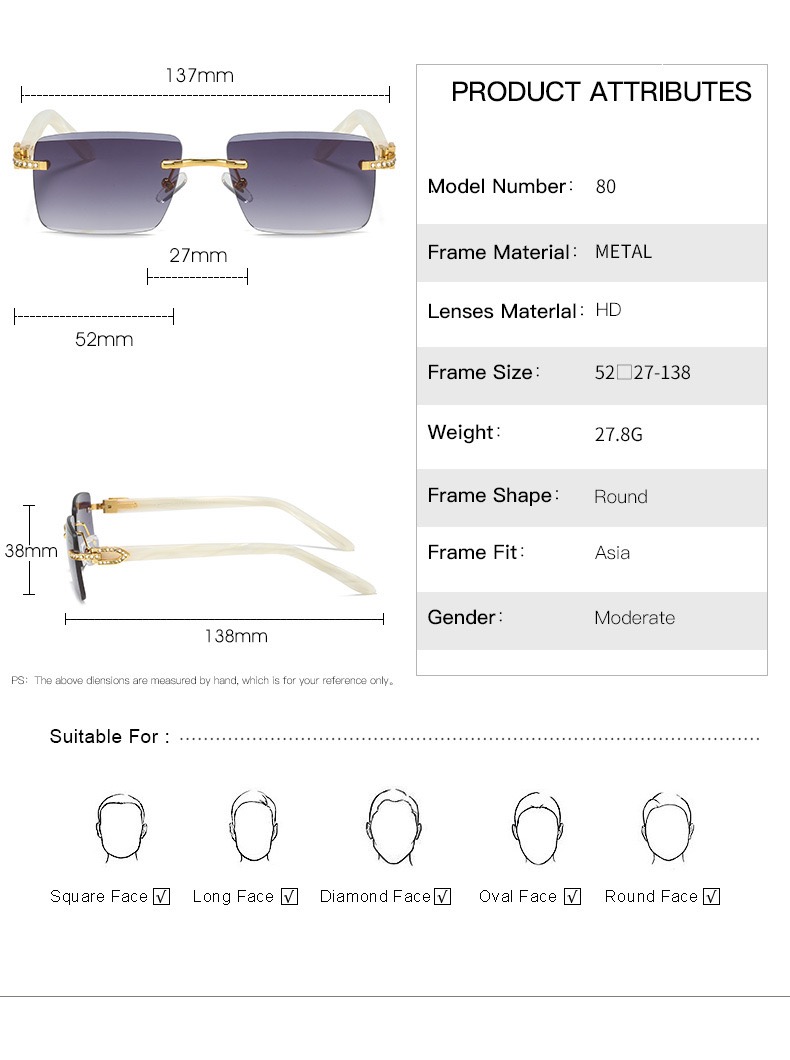 2024 Nya solglasögon Rimless Diamond Cut Edge Plate Legs PC -linser Fashion Ins netröda män och kvinnor med samma retro med lådor solglasögon grossist