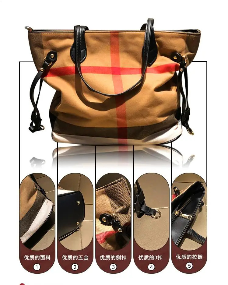 Luxe designer draagtassen voor vrouwen 2024 Hoge kwaliteit grote capaciteit boodschappentas canvas plaid mode dames handtassen 240323
