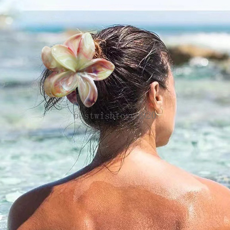 Mode bohemia plumeria blommor hår klo akryl multicolor non-halp hårklipp för kvinnor flickor strand semester hästsvans hårnål