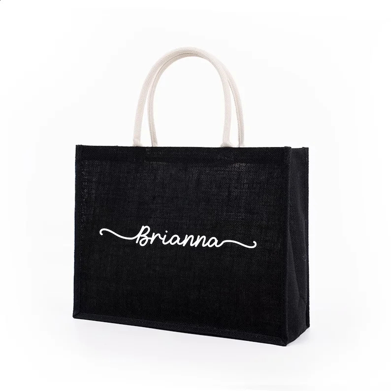 Sacages fourre-tout noirs personnalisés Nom personnalisé Burlap Jute Bag Bachelorette Beach Mariage sacs fourre-tout