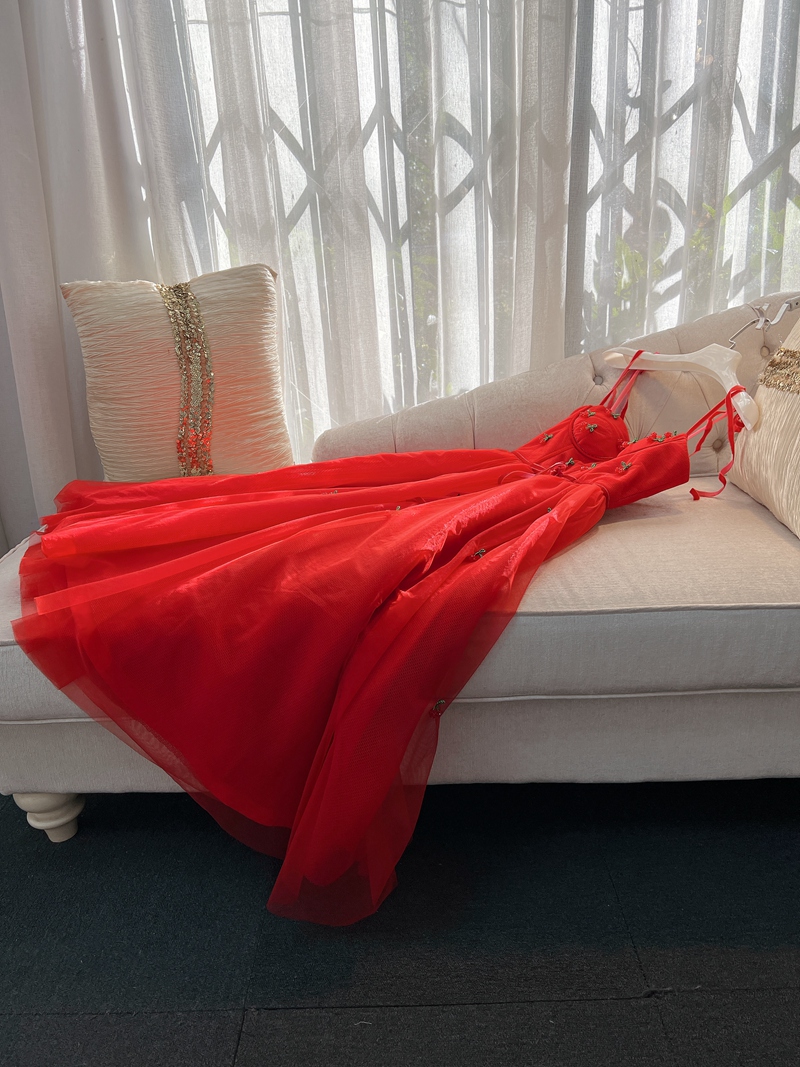 Spring Summer Red Cherry Beaded Tulle Dress Spaghetti Strap Sweetheart Neck Beading Ribbon Tie Bow Midi Casual Dresses J4M258238