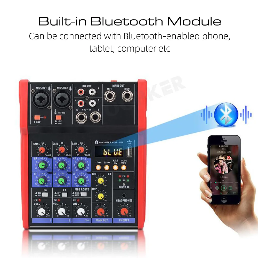 Spelaren Woopker DJ Sound Mixer 4 Channel Bluetooth USB Connect Stereo Tuning Equipment för Mixer Audio Professional Studio