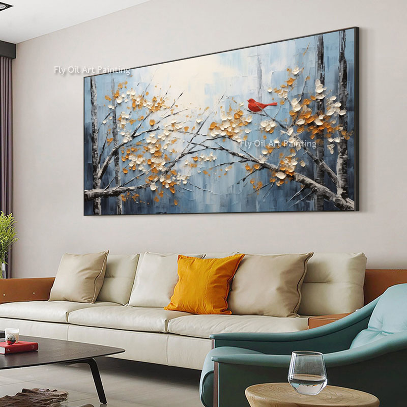 Abstract Blossom Tree Tree Oil Painting on Canvas feita artesanal de parede de parede flores árvores Arte Bird Pintura Decoração de inverno Decoração de sala de estar personalizada