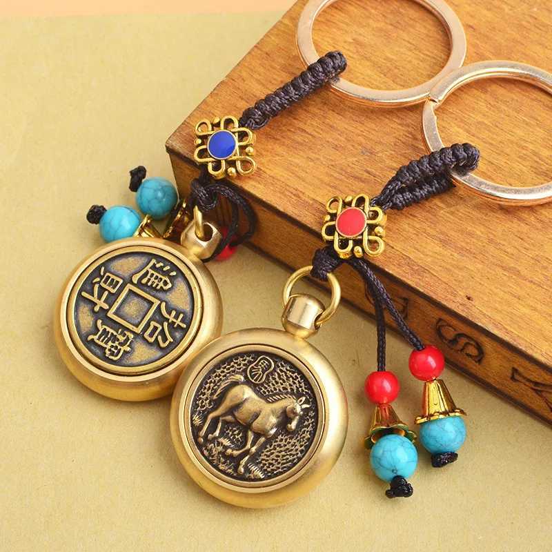 Keychains Bedanyards New Brass Zodiac Pingente Chinês Carro Lucky Key Ring Retro Circle Chain Chain Presente Jóias Q240403