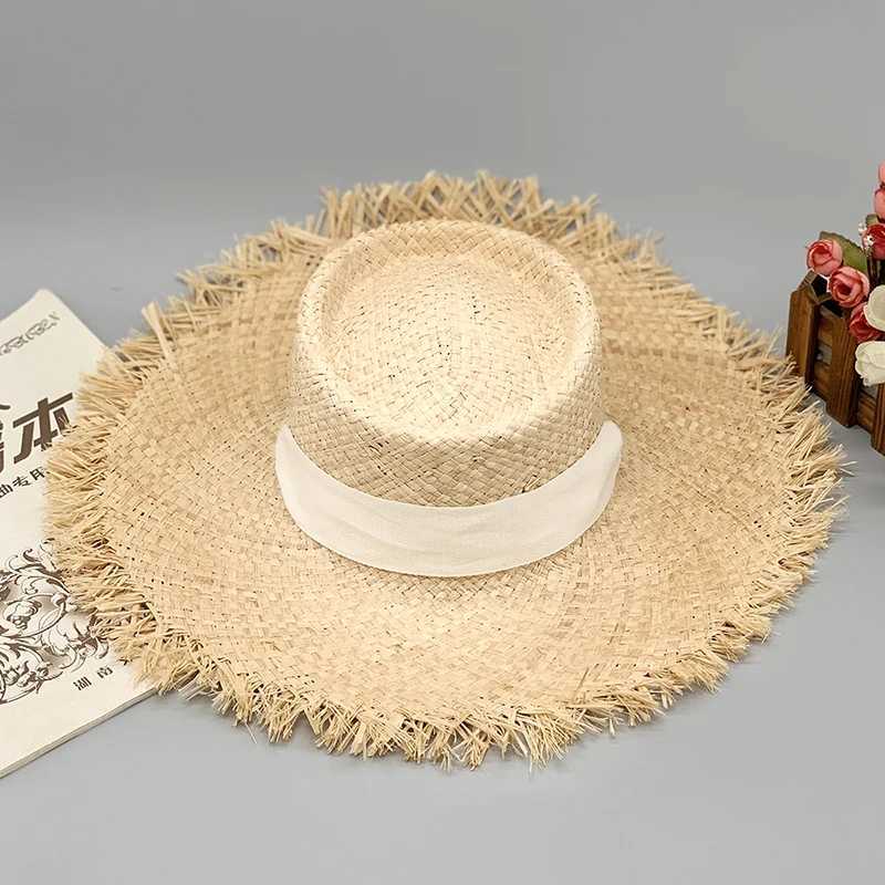 Wide Brim Hats Bucket New style womens oversized hat large 20cm Raffia Sun wide beach soft straw wholesale direct shipping Q240403